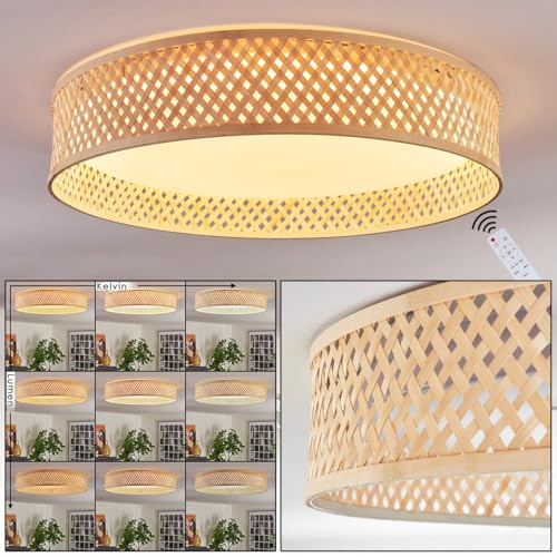 HOFSTEIN LED Deckenleuchte Barroco, dimmbare Deckenlampe aus Metall/Bambus/Kunststoff in Weiß/Natur, Boho-Leuchte mit Memory-Funktion, CCT einstellbar, Fernbedienung, 36 Watt, Wohnzimmer, Schlafzimmer