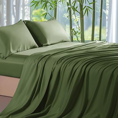 Spannbettlaken, 140 x 200 cm, Seide, Grün, Bettlaken aus Mischung, Tencel, Lyocell, Bambus, Spannbettlaken, grün, glatt, atmungsaktiv, für dicke Matratzen, hypoallergen, bügelfrei, elastischer Saum