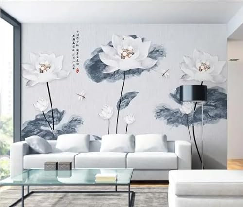 siuayosdj Papier peint blanc en relief avec feuille de lotus et fond de lotus, 3D, 200 x 140 cm