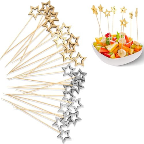 100 Palillos para Aperitivos de Estrellas, Pinchos para cócteles, madera, para comida, cócteles, decoración de cócteles, estrella dorada, palillos de madera (oro y plata)