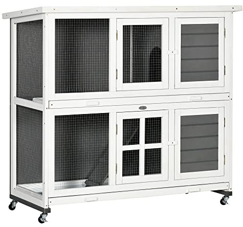 PawHut Conejera de Madera de 2 Niveles Jaula para Conejos con Ruedas 2 Puertas Techo Abatible y 2 Bandejas Extraíbles Conejera para Interior y Exterior 119x50,5x109 cm Blanco y Gris