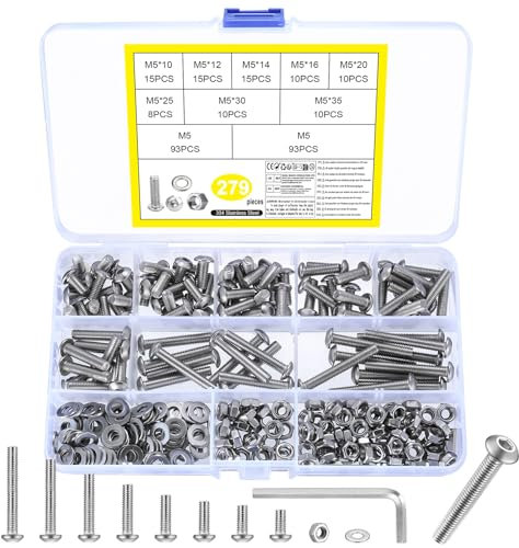 279 Pz Set di Viti M5, Bulloni e Dadi e Rondelle Kit, Viti a Testa Cilindrica con Esagono Incassato con Dado, Bulloni a Testa Tonda Bombata in Acciaio Inox(M5)