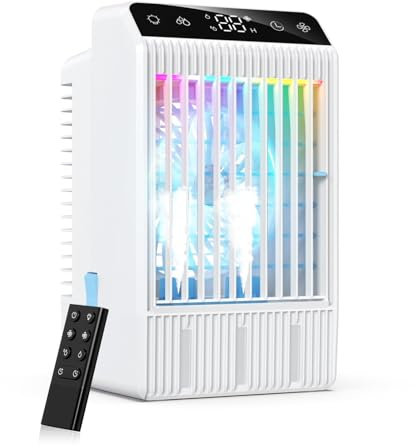 Klimaanlage Mobil mit Display, 1000 ml Tragbare Mini Klimaanlage, 4-in-1-Luftkühler, Fernbefeuchter Timing Klimagerät mit Dual-Spray & 7-Farben-Licht, 4 Geschwindigkeiten Camping Klimaanlage