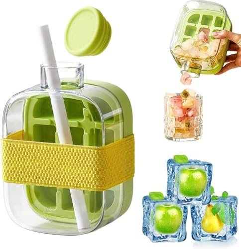 Ice Cube Bottle with Straw, 2 in 1 Touch-Free Ice Cube Tray Water Bottle with Lid and Bin, Push-Type Ice Cube Making Bottle, Ice Mold for Coffee Juice Beverage (Green (500ML))