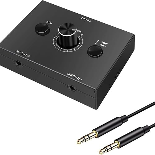 DUOBAGMA 3,5mm Audio Switch 2(1)-In-1(2)-Out, Analog Stereo Sound Umschalter mit Volume Knopf Mute Button, ab Aux Selector Schalter Umschaltung für Radio Phone Lautsprecher Kopfhörer PC