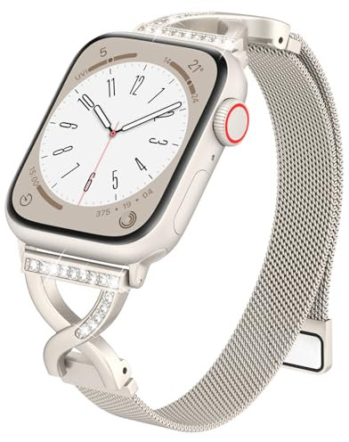 Slim Milanese Loop Compatible with Apple Watch Straps 38mm 40mm 41mm 42mm 44mm 45mm 46mm Series 10 9 8 7 6 5 4 3 2 1 SE Womens,Thin Magnetic Metal band with X-Shape Diamond Clasp for iWatch Straps