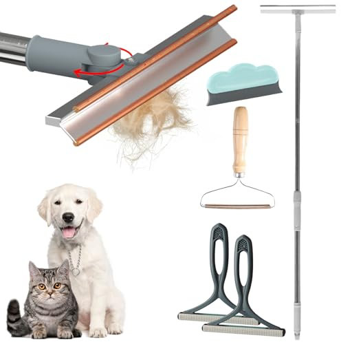 Carpet Rake for Pet Hair Removal with Adjustable Long Handle, 5Pcs Pet Hair Removal Tool Set, Dog Cat Hair Removal Brush Tool for Rugs Mats Couch, Carpet Lint Scraper for Couch Rug