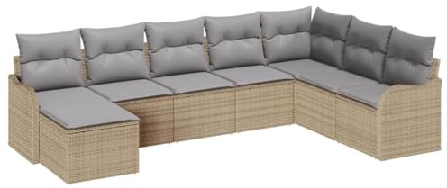 vidaXL Garten-Sofa-Set mit Kissen 8 pcs Beige Poly Rattan, Stylisches Garten- und Terrassensofa-Set, modische Rattan-Sitzmöbel, wetterfest, verstellbare Füße, eleganter Lounge-Bereich