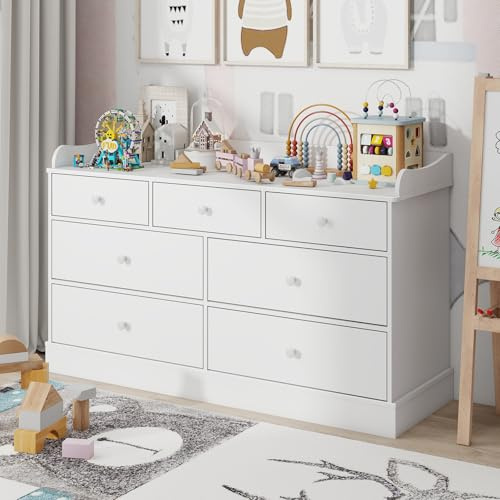 Vabches Kids Dresser Cabinet with 7 Drawers, Changing Table for Nursery, White Chest of Drawers, Baby Dresser, Kids Bedroom Furniture, Nightstand for Child’s Room, White