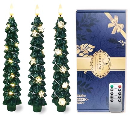 DEVSYWAX LED Weihnachtsbaumkerzen ohne Flamme 3er Pack konisches Design mit Fernbedienung Timer batteriebetrieben 3D Flammen festliche Dekoration (Sterne/Schneeflocken/Punkte)