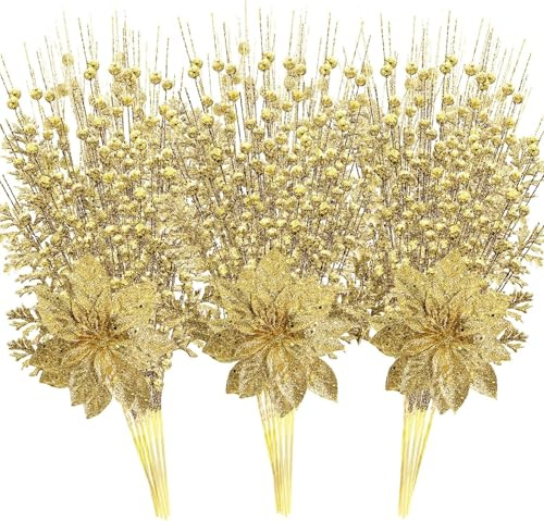PetalUp 18 Pack Artificial Glitter Berry Stem Ornaments, Gold | 44 cm Fake Christmas Glitter Bead Sticks Xmas Twigs Picks Glittery Branches for Christmas Tree Vase Filler Party