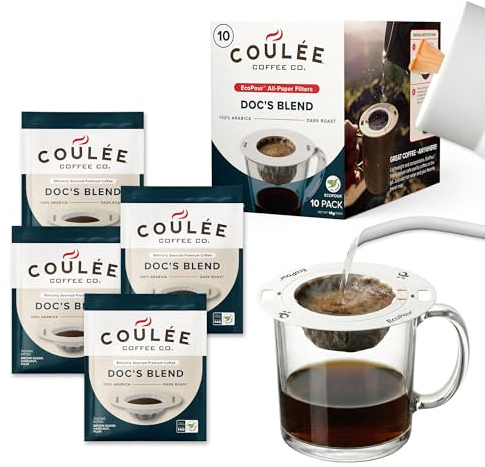 Coulée EcoPour Doc's Blend Coffee, All Paper Single Serve Pour Over Arabic Coffee, Dark Roast, Use for Camping or Traveling, Pre Filled Compostable, All Paper Filters, Ready to Brew with Hot Water, Plastic Free, 10 Pack