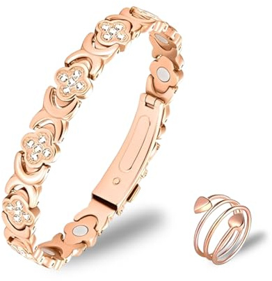 XPEX 2 PCS Kupfer-Armband für Damen mit Magneten,armband damen,Verstellbares Magnetarmband und Magnetringe aus 99,9 % reinem Kupfer,Geschenkbox,Roségold