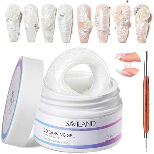 SAVILAND Non-Sticky 3D Nail Gel: Easy Sculpting White 3D Gel for Nail Art Satin-Like Luster Sculpting Gel with Double-Ended Nail Art Sculpture Pen For Molding 3D Flowers Nails DIY Manicure Home 15g