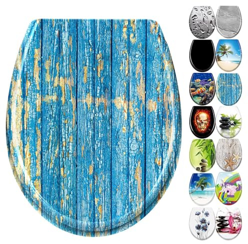 YZNAHRE WC-Sitz Toilettendeckel mit Soft-Close, Duroplast & Edelstahl, Antistatisch & Antibakteriell, Abnehmbar, Leicht zu Reinigen, 45x38 cm, Passend für Hänge-WC, Blaue Holzdielen