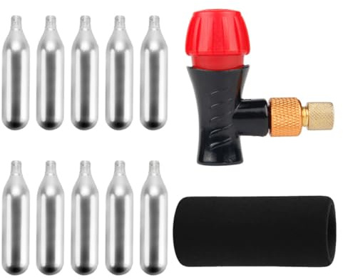 FOMIYES 12pcs Threaded Bike Tyre Air Inflator Kit with 10 Co2 Cartridges and Insulated Sleeve 16g Gas Canisters Compatible with Mountain Bikes Motorcycles and Car Tyres Inflating