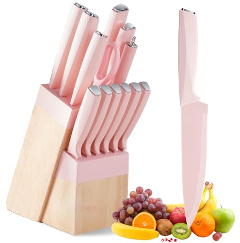14-teiliges Messerset, Küchenmesser Set mit Messerblock und Wetzstahl – Edelstahlmesser, Mit Ergonomischer Griff, Scharfe Messer, Ideal für Haushalt, Profis,Hacken, Schneiden, Würfeln. (Rosa)