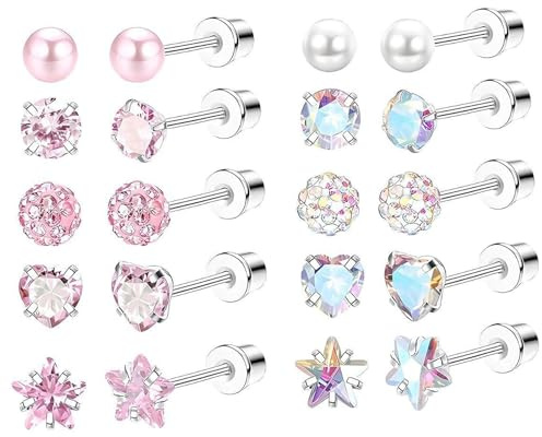 10 Pairs Helix Earring, Silver Studs Earrings for Womens, Round Cubic Earings Flat Back Stud Piercing Stud Earrings for Women Screwback Studs, Small Gifts for Women Girls Jewellery Set