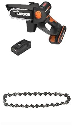 PACK WORX Élagueuse mini tronçonneuse sans fil 20V WG325E + 3 chaînes de rechange, brushless, guide 12 cm, coupe 10 cm, pour élagage, taille, ébranchage, tronçonnage, livrée avec 1 batterie 2Ah