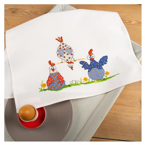 Kreuzstich Stickpackung bedruckt Geschirrtuch Verrückte Hühner, Stickbild gedruckt, 46x71cm
