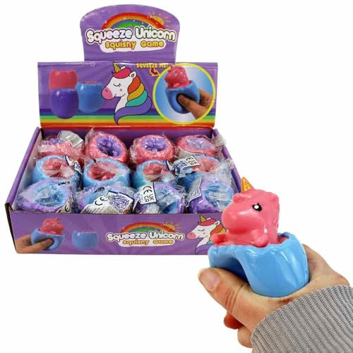 BEMIRO Quetsch-Ei mit Einhorn, Anti-Stress Spielzeug aus Gummi, Rosa Blau Lila, ca. 6 cm, 12 Stück im Display