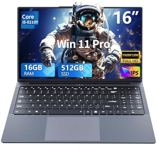 PC Portatile 16 Pollici con Core i5-8210Y, Laptop 16GB RAM 512GB SSD, Notebook Schermo IPS 1920x1200, Computer Portatile con Tastiera Retroilluminata, Mini-HDMI USB3.0 RJ45 Wi-Fi5 BT5.0 5800mAh