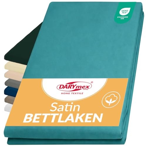 Darymex Flaches Laken ohne Gummizug - 160 x 220 cm - Baumwoll-Satin Betttuch - Glatt - Glänzend - Dunkeltürkis