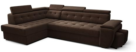 O-Sofa Ecksofa Kongo RBN15, Eckcouch in L-Form mit Schlaffunktion, Farbe: Dunkelbraun, Velourstoff, Ottomane Links