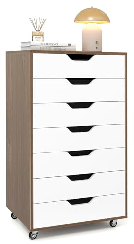 COSTWAY Rollcontainer mit 7 Schubladen, mobiler Aktenschrank mit Rädern, Bürocontainer Schubladenschrank Rollschrank Rollwagen, Schubladenkommode für Zuhause Büro (Natur)
