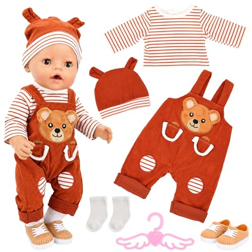 Miunana Puppenkleidung Kleidung Schuhen Kleiderbügel für 35-43cm Babypuppen | Süße Babypuppen Outfits: Latzhose, Oberteil, Mütze, Socken, Schuhe & Kleiderbügel, passend für 14-17 Zoll Babypuppen