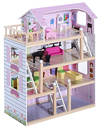HOMCOM Maison de poupée en Bois Jeu d'imitation 4 Étages avec 13 Accessoires Grand réalisme Multi-équipement 60L x 30l x 80H cm Blanc et Rose