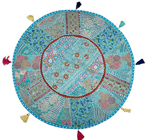 Rundes Bodenkissen, Boho-Stil, Patchwork, Pouf, Ottomane, Vintage, indischer Fußhocker, Sitzsack, Bodenkissen, Heimdekoration, Wohnzimmer, Ottomane, Bohemian-Kissen, 45,7 cm (18 Zoll) (Himmelblau)