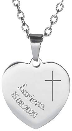 Gravado Halskette aus silberfarbenem Edelstahl mit Herz-Anhänger und Kreuz Gravur für Mädchen, Personalisiert mit Namen und Datum, inkl. Geschenkbox