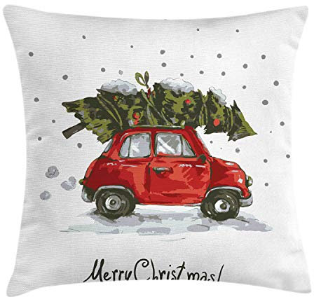 ABAKUHAUS Weihnachten Kissenbezug, Retro-Auto mit Baum, Kissenhülle mit Reißverschluss Waschbar Farbfest Beidseitiger Druck, 45 x 45 cm, Grün Rot