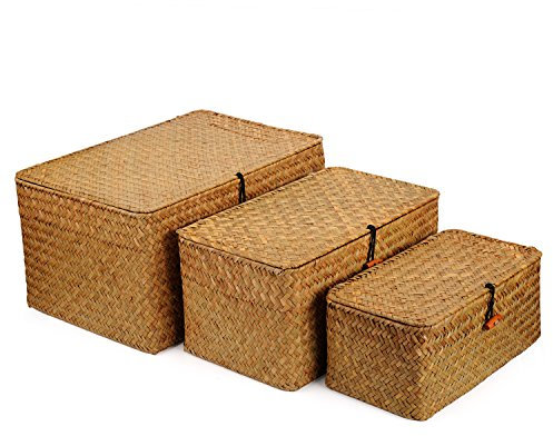 Rattankorb Aufbewahrungskorb aus Seegras mit Deckel Natürliches Material 3 Stück (Groß + Mittel + Klein)