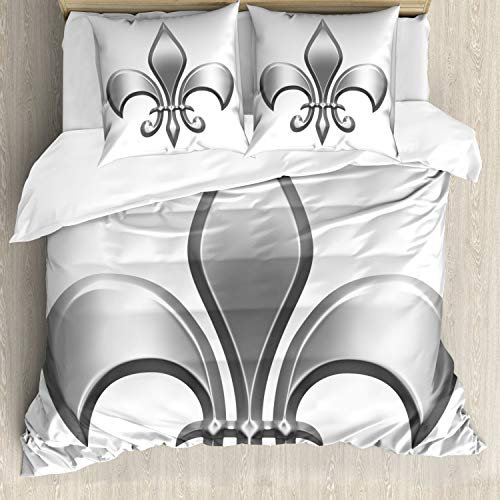 ABAKUHAUS Fleur De Lis Ensemble de Housse de Couette, Fleur de lys, Décor de Chambre, 3 Pièces avec 2 Taie d'oreiller, 155 cm x 220 cm - 80 x 80 cm, Blanc Gris