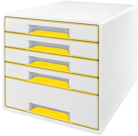 Leitz CUBE Schubladenbox mit 5 Schubladen, Weiß/Gelb, A4, Inkl. transparentem Schubladeneinsatz, WOW, 52142016