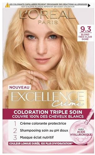 L'ORÉAL L'ORÉAL Paris Excellence Crème, dreifache Pflege, permanente Färbung, 100 % Deckkraft, weißes Haar, Farbton 9,3 sehr helles Goldblond