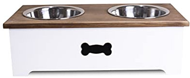 Luxury Dog Food Feeding Stand Station Stainless Double Raised Bowls Wooden Crate (White, Small)