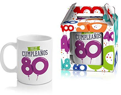 Taza Cerámica para Desayuno en Color Blanco de 300 ML, Un Regalo Original para un Feliz Cumpleaños (Feliz 80)