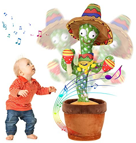 seOSTO Cactus Ballerino,Cappello Messicano e Maracas Cactus Che Balla e Ripete, Peluche Musicale Interattivo con Luci, Giocattolo Educativo per Bambini, Regalo Compleanno 1-3 Anni