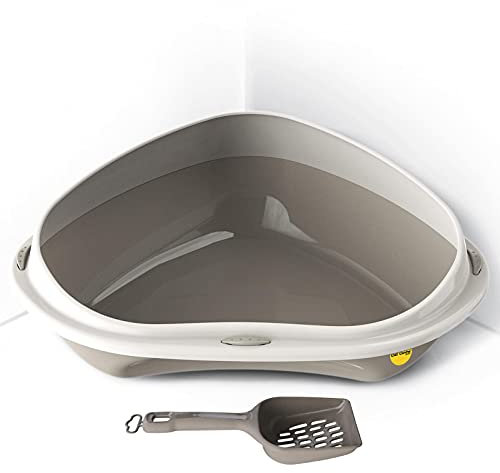 CAT CENTRE Grey Large Corner Cat Open Litter Tray With Scoop Bundle Kitten Pet Toilet Plastic Loo Pan Box Anti-Spillage Lowered Entry Step Rounded Corners Detachable Rim Easy Cleaning No Spilling