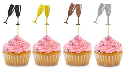 24 PCS Wine Glass Cupcake Toppers Dessert Picks for Christmas Wedding Baby Shower Birthday Cake Theme party Decorations Supplies - (Black、Gold 、 Silvery and Coffee color)
