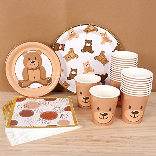 Brown Teddy Bear Baby Shower Plates - Teddy Bear Paper Plates, Disposable Cups, Napkins with Firework Pattern in Golden Border for 24 Theme Party Supplies, Baby Shower, Wedding, Birthday