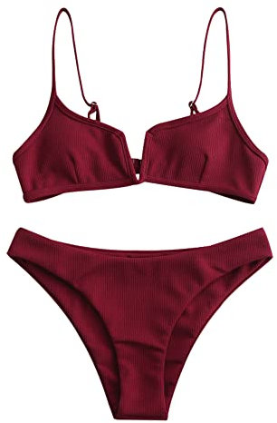 ZAFUL Damen Bikini Set Zweiteilige Badeanzug High Cut Bralette Sexy Swimsuit Sommer (Weinrot,XL)