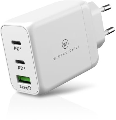 Wicked Chili 65W GaN Ladegerät kompatibel mit MacBook Pro, Air, iPad, iPhone 15, 14, 13, 12, Watch Ultra, Samsung, Pixel - Schnelladegerät QC PD PPS, Fast Charge Netzteil (2X Typ-C PD / 1x USB-A)