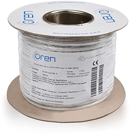 Oren CAT6 100m Cable Ethernet, Color blanco delgado, 23 AWG, cable de cobre puro de 250 MHz de ancho de banda UTP de red LAN, sin halógenos, no corrosivo, cable Ethernet Gigabit