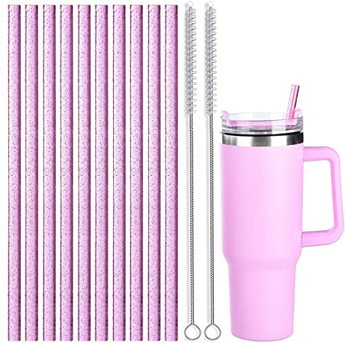 ALINK 10 Pack Pink Replacement Straws for Stanley 40 oz 30 oz Tumbler, 12 in Long Reusable Plastic Glitter Straws for Stanley Cup Accessories, Half Gallon Jug, Plus 2 Cleaning Brush