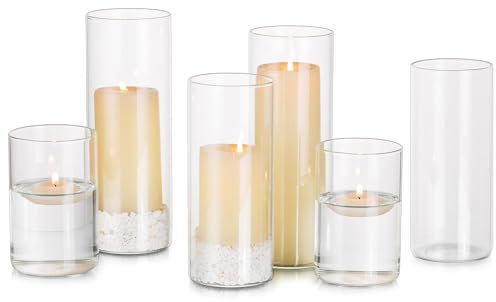 Glasseam Pillar Candle Holder Set 6, Floating Candle Holders for Tealigh Votive Candles, Hurricane Glass Candle Holders for Wedding Centrepiece, Flower Vases for Living Room Dining Table Decorations