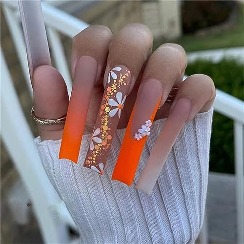 Orange Sequins Autumn Fake Nail Square Long Press on Nails Tips for Women and Girls Nail Art Decoration Manicure 24pcs